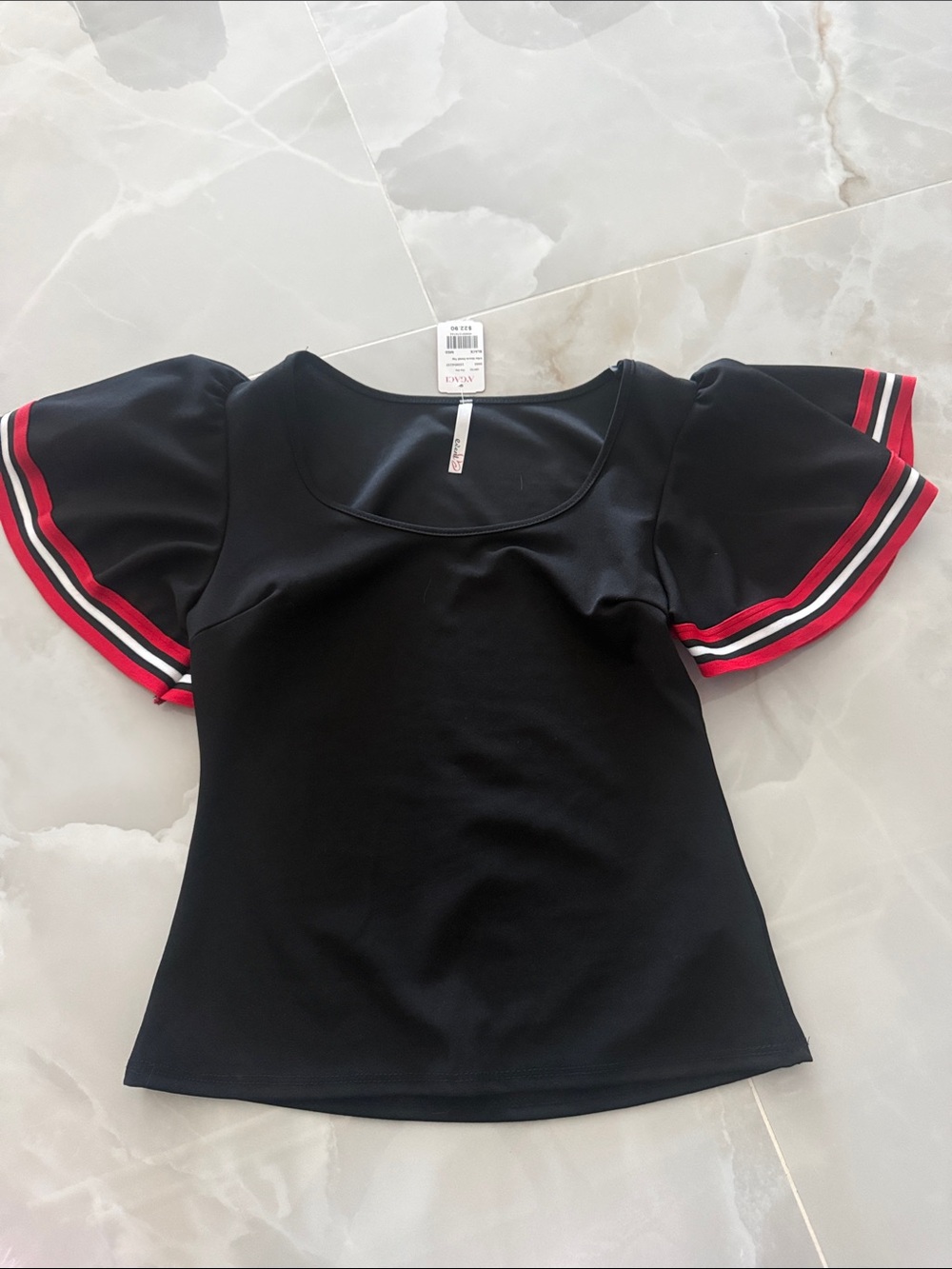 Black Puff Sleeve Top with Red & White Stripe Trim